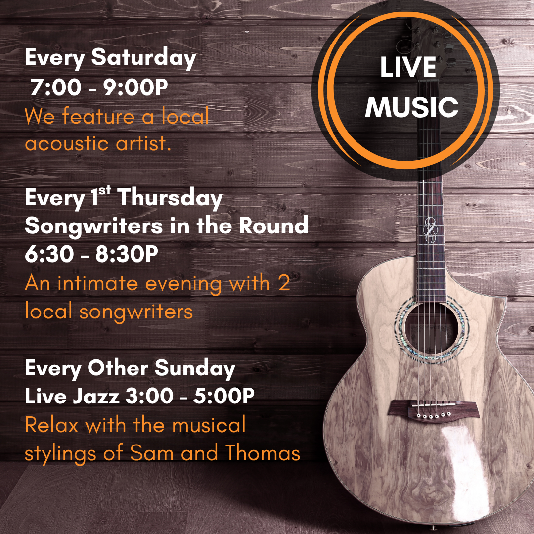 Acoustic Guitar with orange accents and dates and times of Live Music